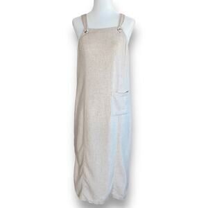 Vintage 90s Petites Linen Blend Beige Midi Dress   Pinafore Overall Lightweight